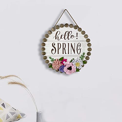 Spring Decorations Hello Spring Wall Sign 3D Fabric Flowers Wall Plaque Rustic Farmhouse Wooden Decoration Round Vintage Hanging Signs Gift for Kitchen Living Dinning Room Bedroom 12" x 12"