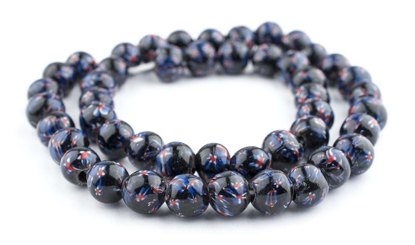 The Bead Chest Midnight Blue Round Millefiori Beads 14mm Multicolor Glass Large Hole 25 Inch Strand