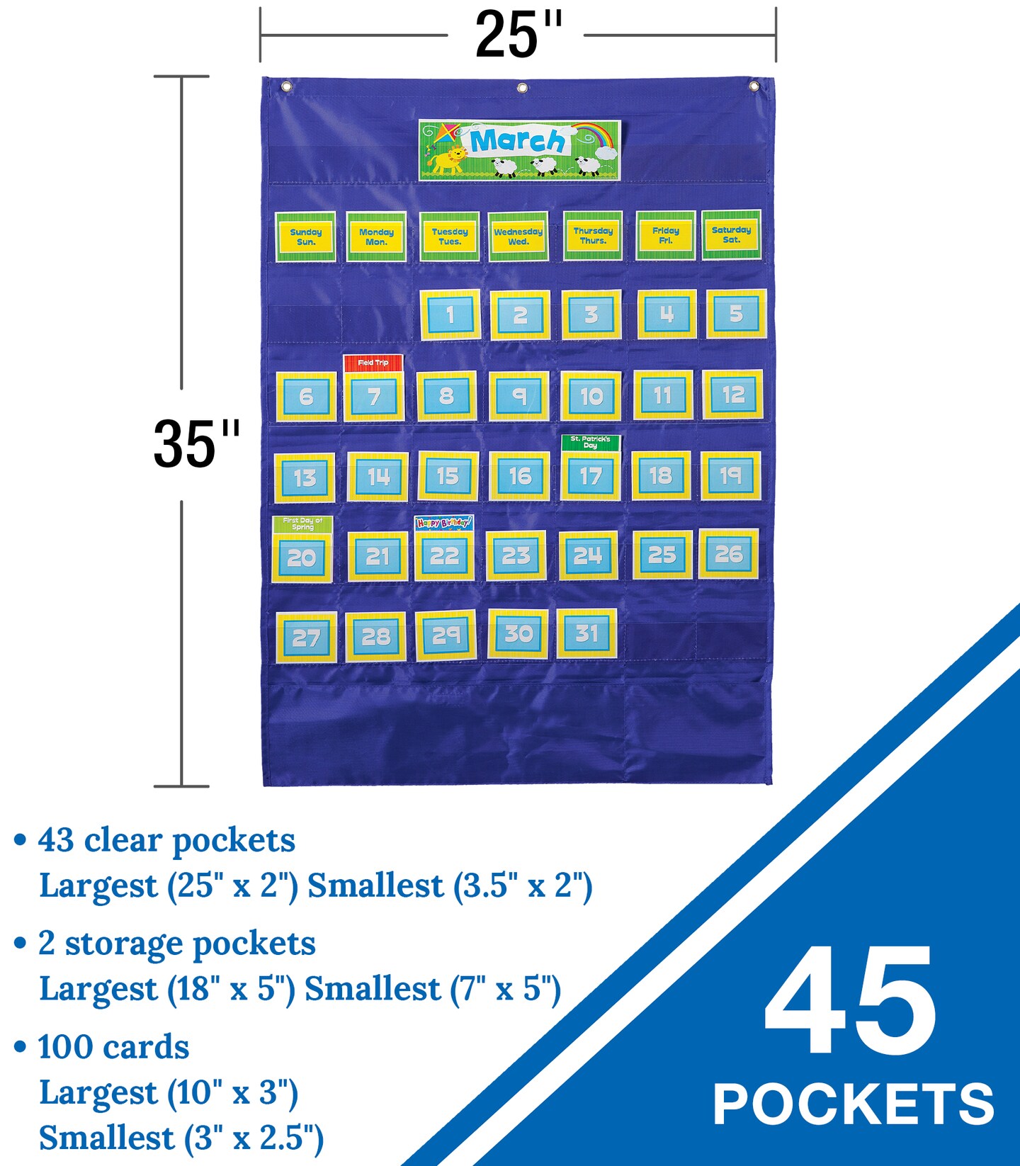 Carson Dellosa 25&#x22; x 35&#x22; Deluxe Calendar Pocket Chart,  Monthly Calendar Pocket Chart for Classroom with Day, Week, Holiday Cards and Storage Pouches and More