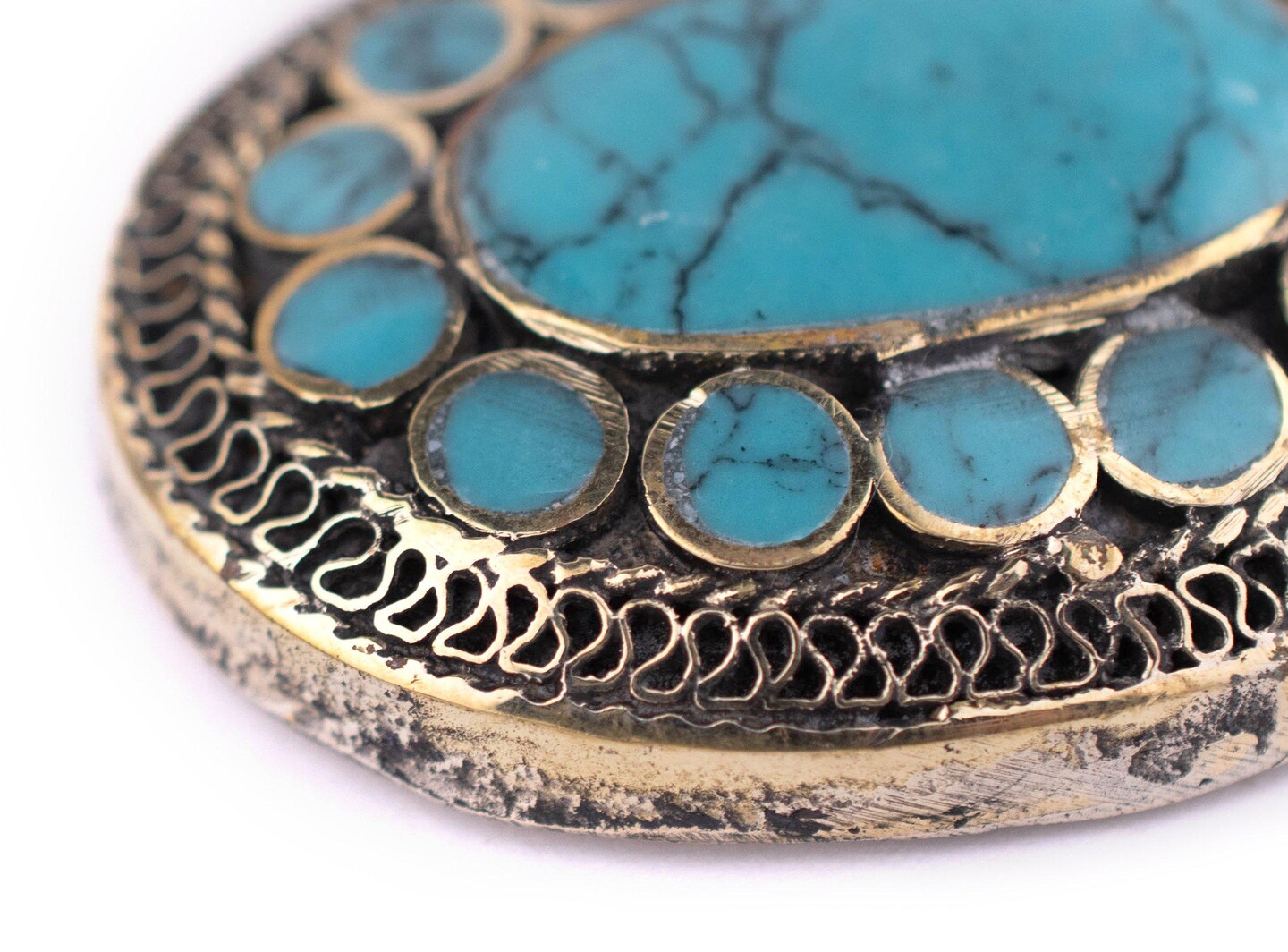 TheBeadChest Turquoise Blue Oval Inlaid Afghani Silver Pendant 50x48mm Afghanistan White Metal Large Hole