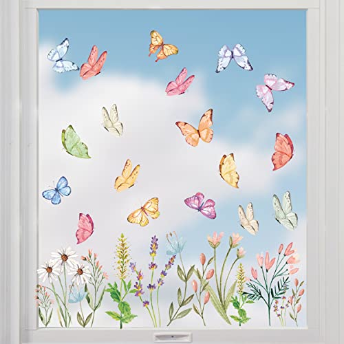 50 Pieces Spring Summer Window Cling Sticker, Watercolor Wild Flowers Butterfly Floral for Home Party Supplies Shop Window Glass Display Decoration