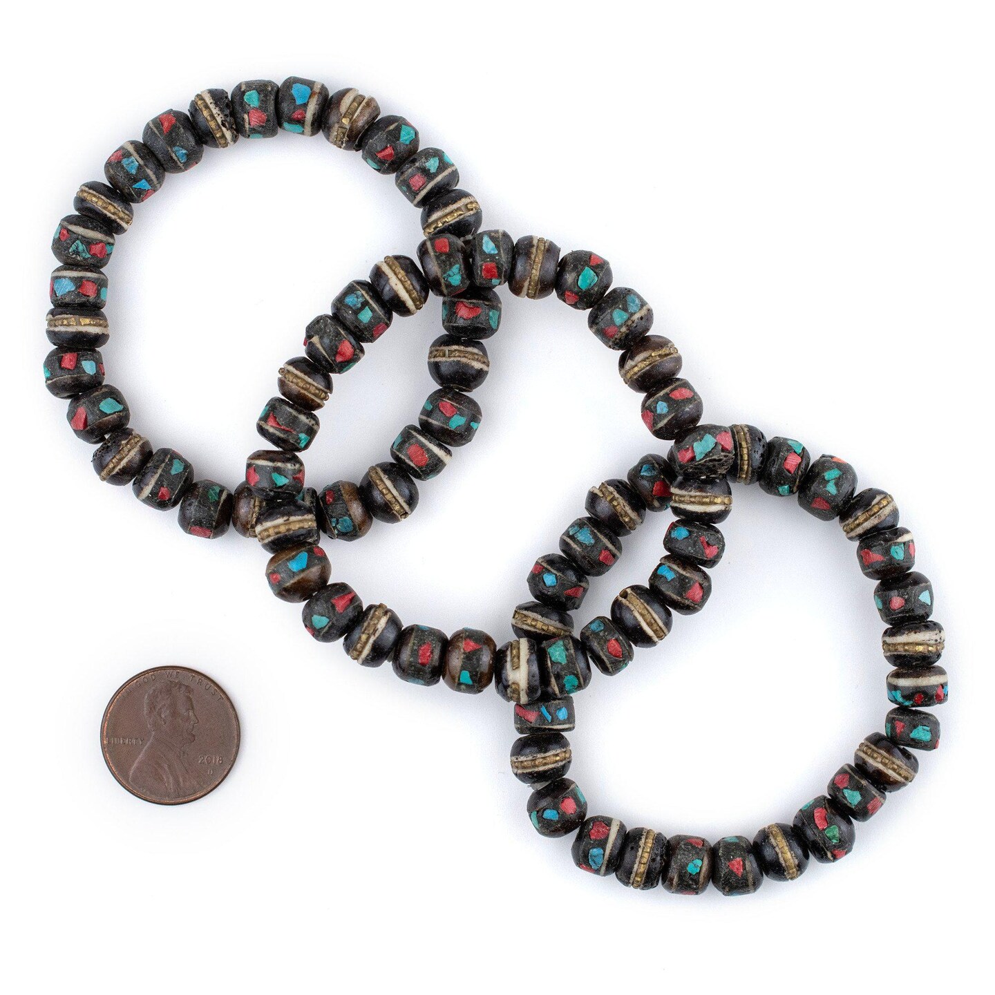 TheBeadChest Mala Stretch Bracelet, Black - Stackable Nepal Bone Inlaid with Turquoise &#x26; Coral Colors, 100% Authentic and Genuine
