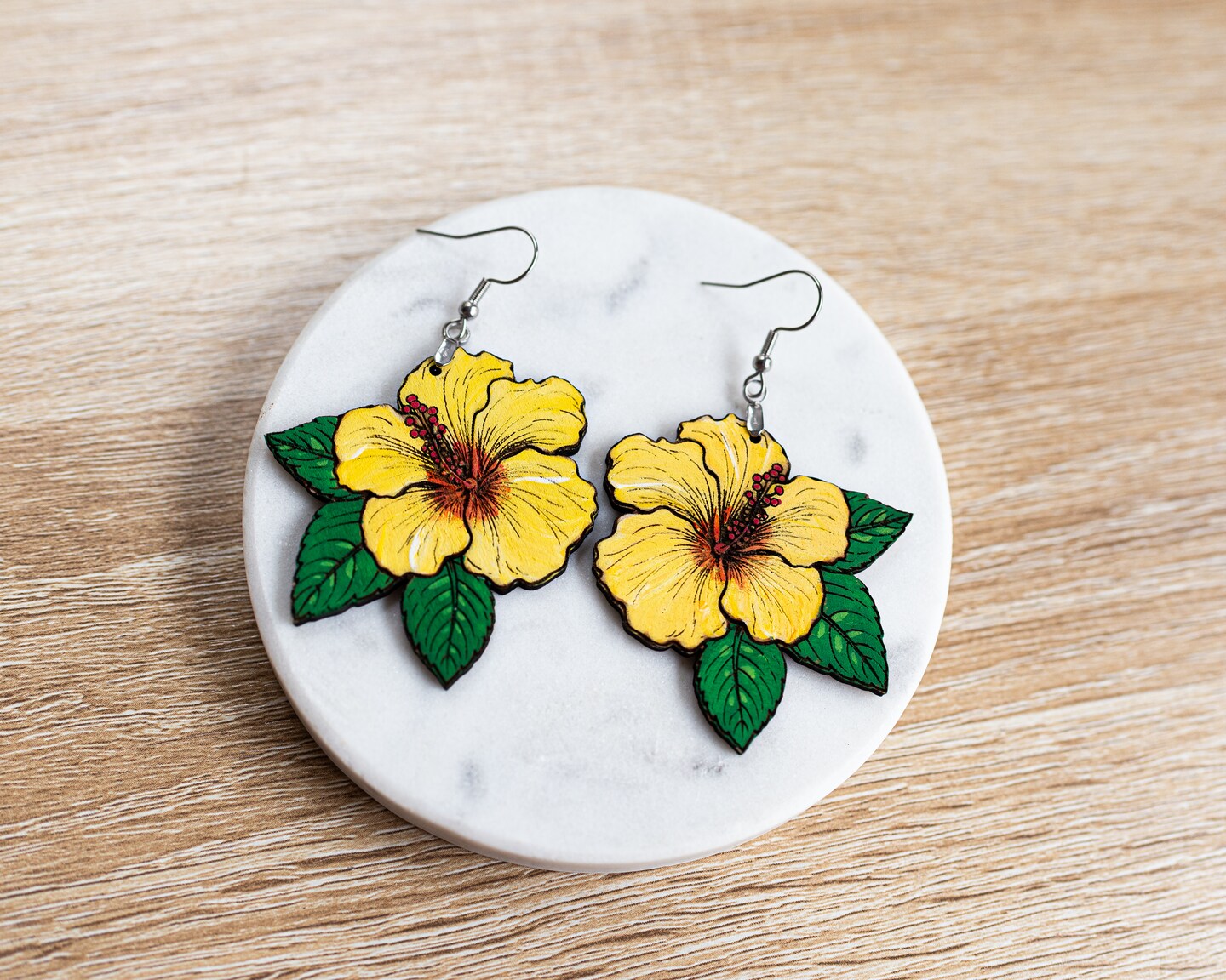 Hibiscus flower hand painted earrings. Spring and summer tropical