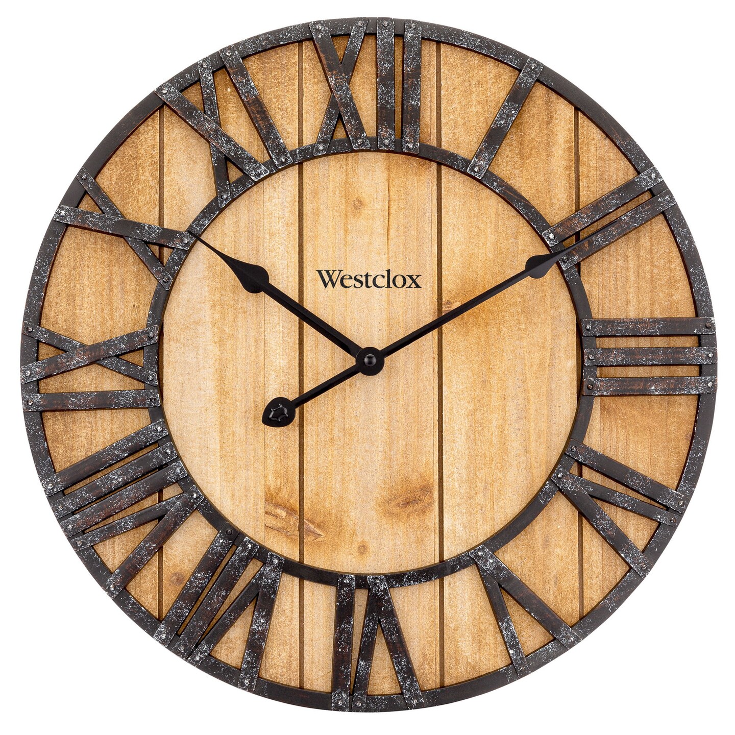 Westclox 16&#x22; Natural Wood Grain with Raised Roman Numerals &#x26; Iron Finish Analog QA Wall Clock