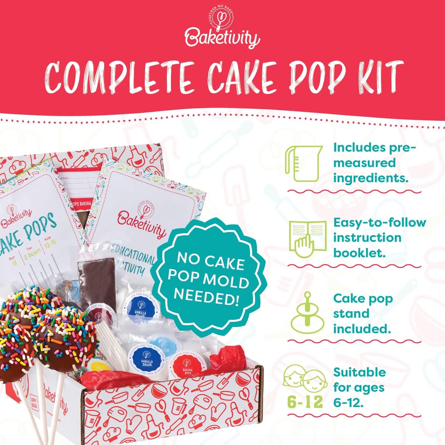 Baketivity 4 in 1 Kids Baking Set Mega Kit - Cake Pop Kit with Stand - Kids Apron and Chef Hat Set - Bake Away Kids Cookbook - Kids Cooking Sets Real Utensils - Kids Baking Kit Gifts for Girls & Boys