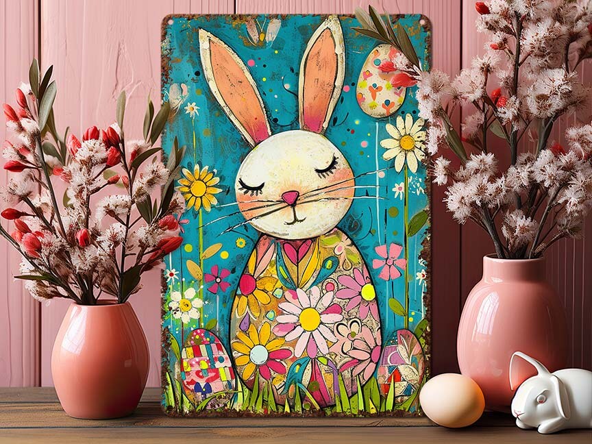Whimsical Easter Decor - Folk Art Bunny Decoration Metal Art Sign Mantle  Display Picture - Indoor Outdoor Safe - Flower Pattern Rabbit