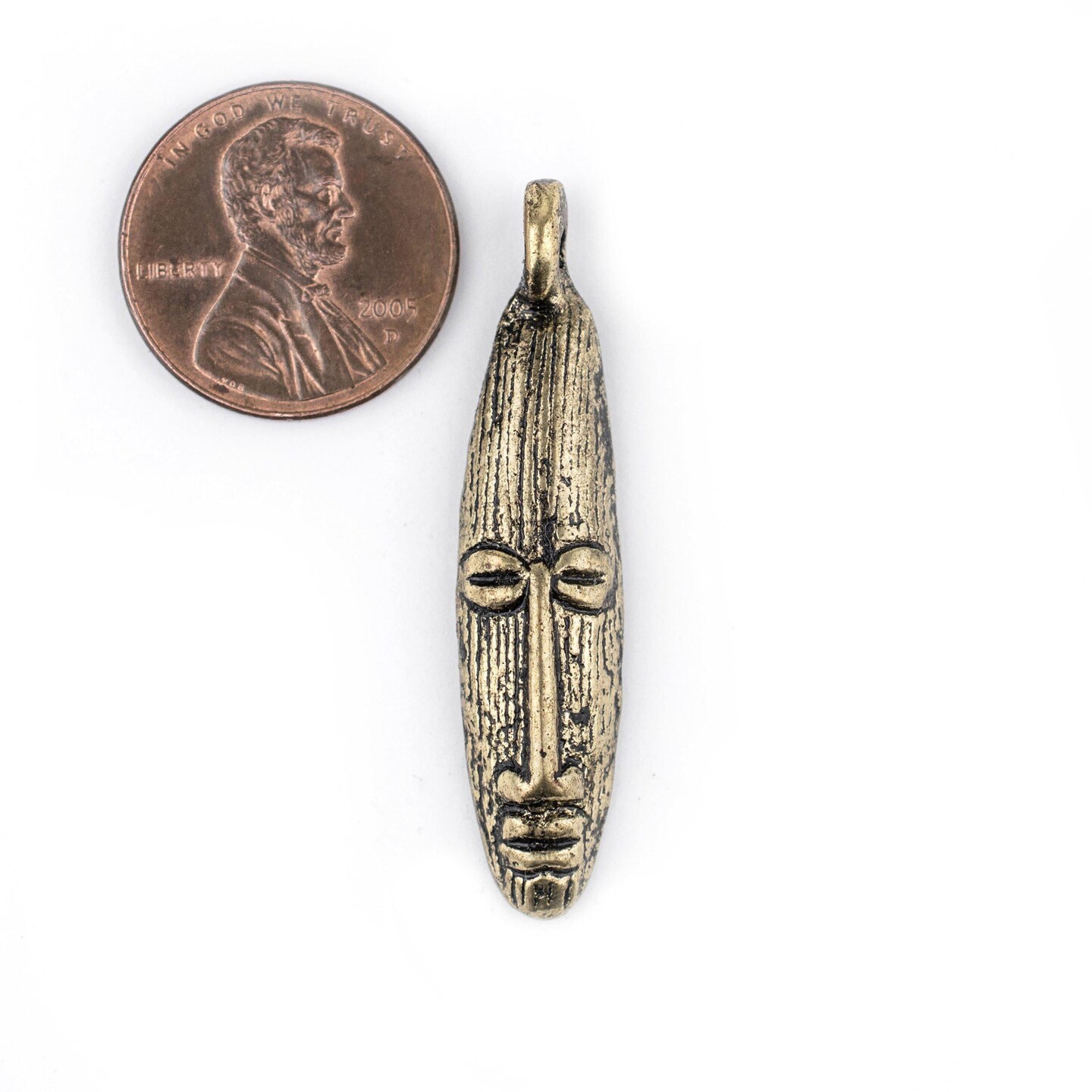 The Bead Chest Elongated Mask Brass Pendant from Africa (47x11mm): Genuine West African Mask Design for DIY Jewelry & Necklaces