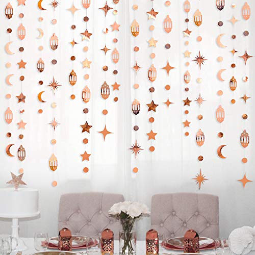 Rose Gold Eid Mubarak Ramadan Decorations Hanging Star Moon Circle Dot Crescent Lamp Garland Streamer Backdrop Banner Decorations for Home Happy Ramadan Islam Muslim Wedding Birthday Party