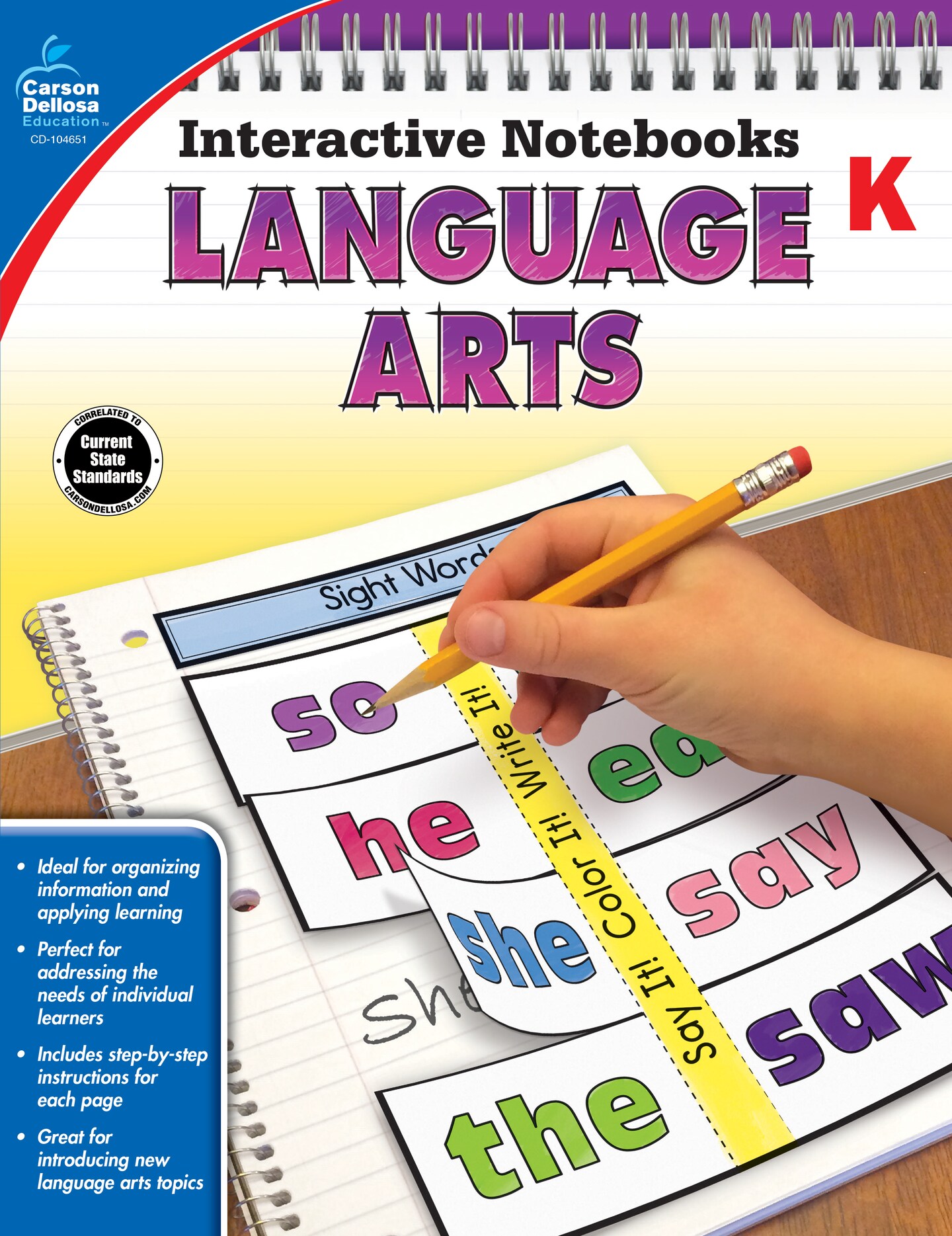 Carson Dellosa Language Arts Interactive Notebooks, Personalized Kindergarten Workbook Covering Vowels, Sight Words, Parts of Speech, Grammar, and More
