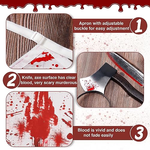 Halloween Bloody Butcher Costumes Set- Waterproof Bloody Apron with Axe Headband Butcher Knife Temporary Tattoos, Terrifying Role Play for Men Halloween Costume Party Carnival Prop Accessories