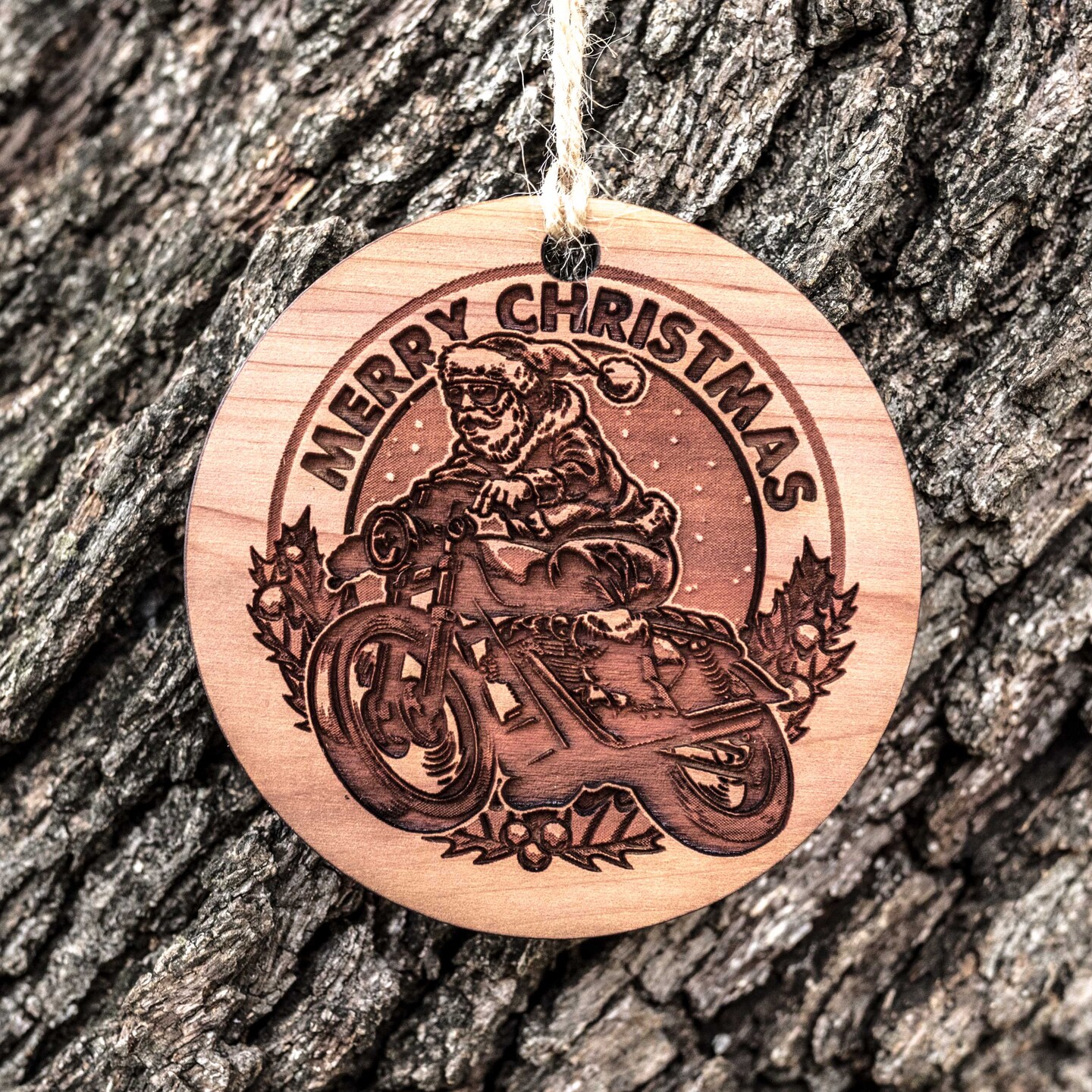 Merry Christmas - Motorcycle Santa - Raw Cedar Ornament 3x3in Merry Christmas - Motorcycle Santa - Raw Cedar Ornament 3x3in