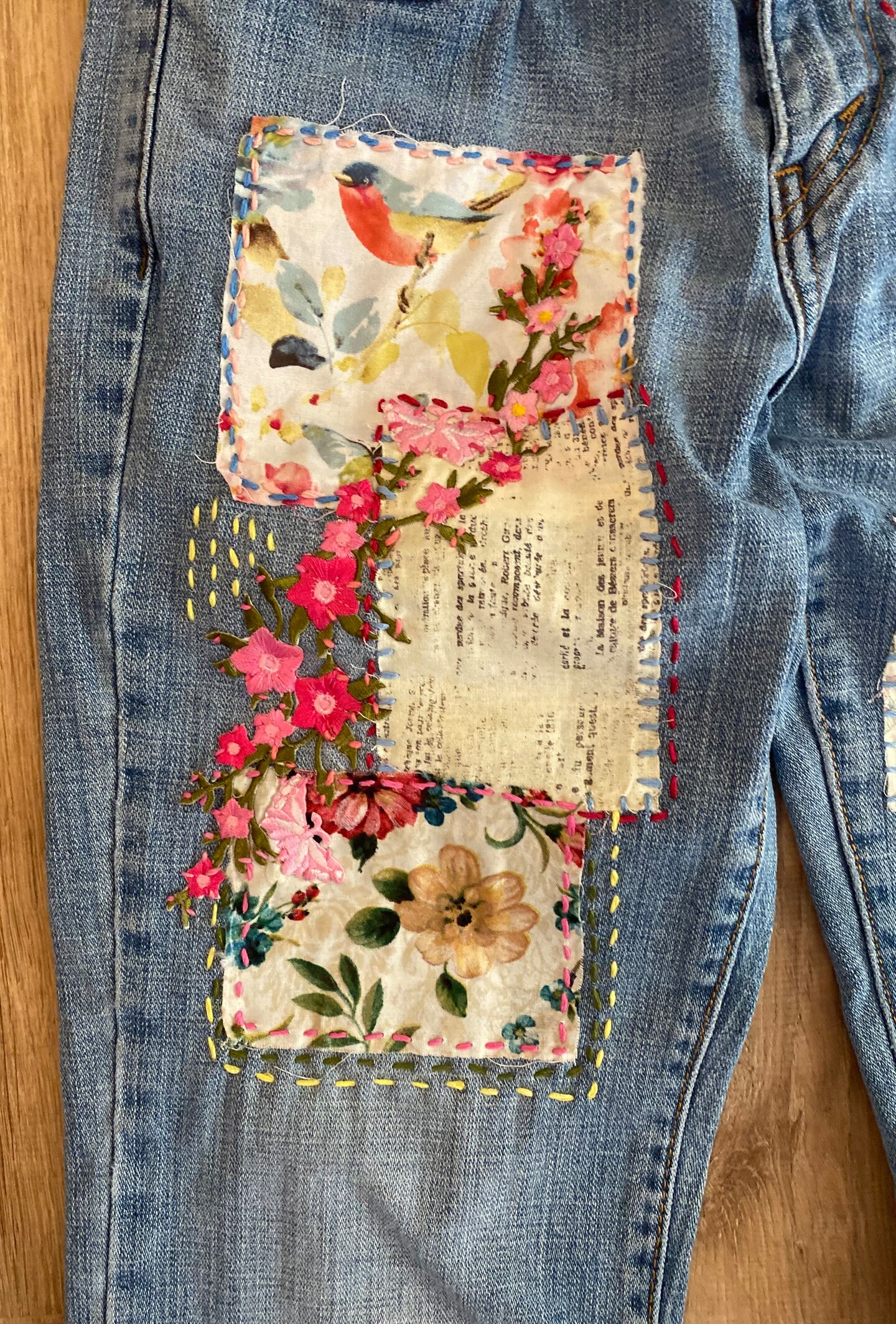 【mnem】Embroidered Patch Wide Denim Embroidered | Patched Denim | Hippie | Boho | Unique Jeans