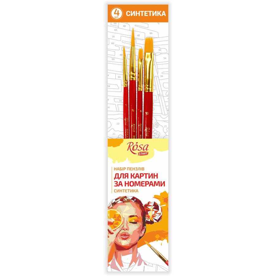 Rosa Start Set, paint brushes by numbers, synthetics, 4pcs, round (N1,6),  flat (N 4,10), r.p.