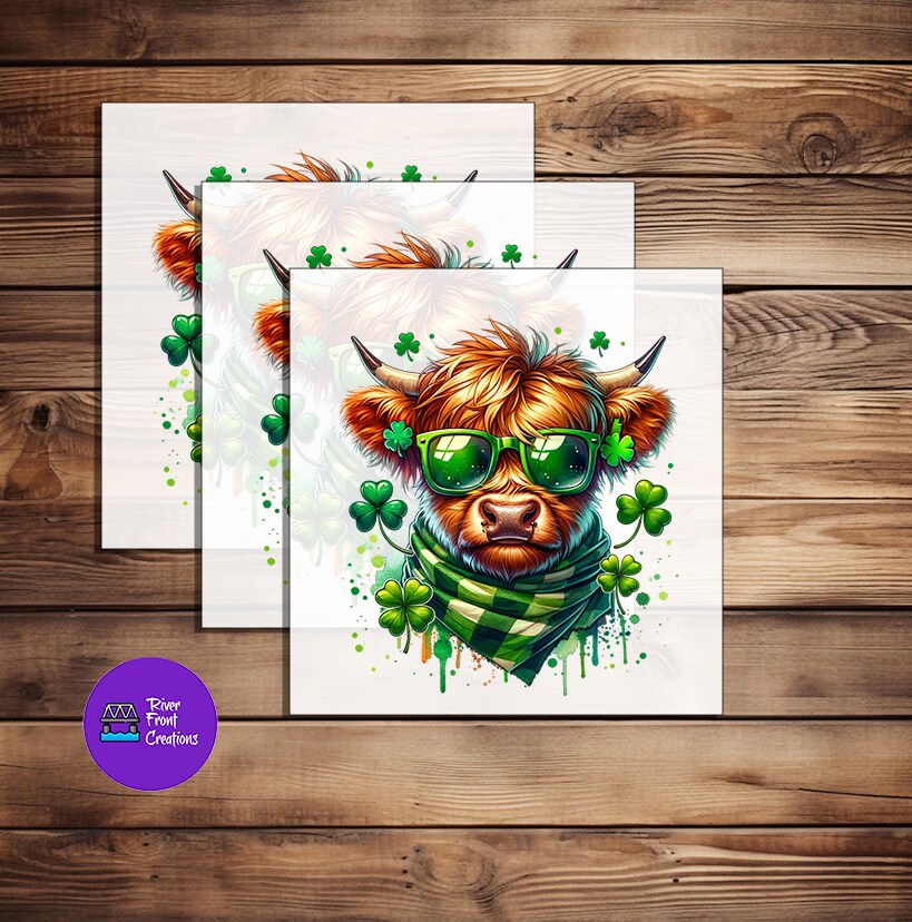 DTF, Highland Cow, Irish, Shamrock, Luck, Custom DTF, Direct To Film Transfer, Cute, St. Patrick's Day , Gift