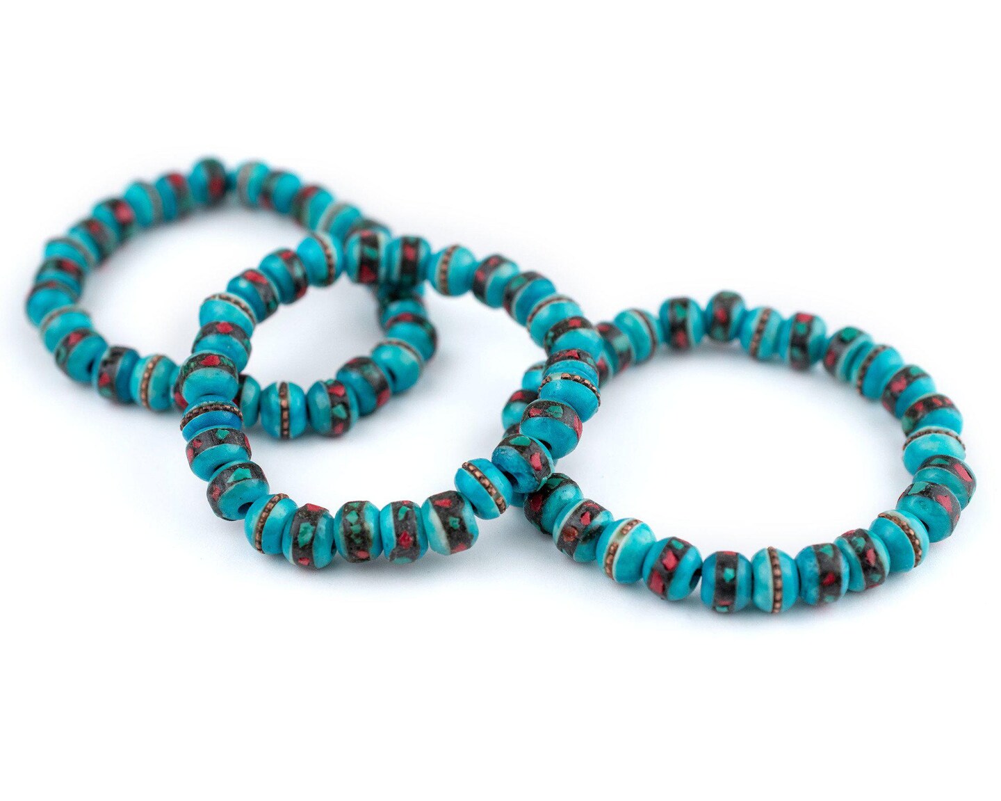TheBeadChest Mala Stretch Bracelet, Turquoise Blue - Stackable Nepal Bone Inlaid with Turquoise &#x26; Coral Colors, 100% Authentic and Genuine