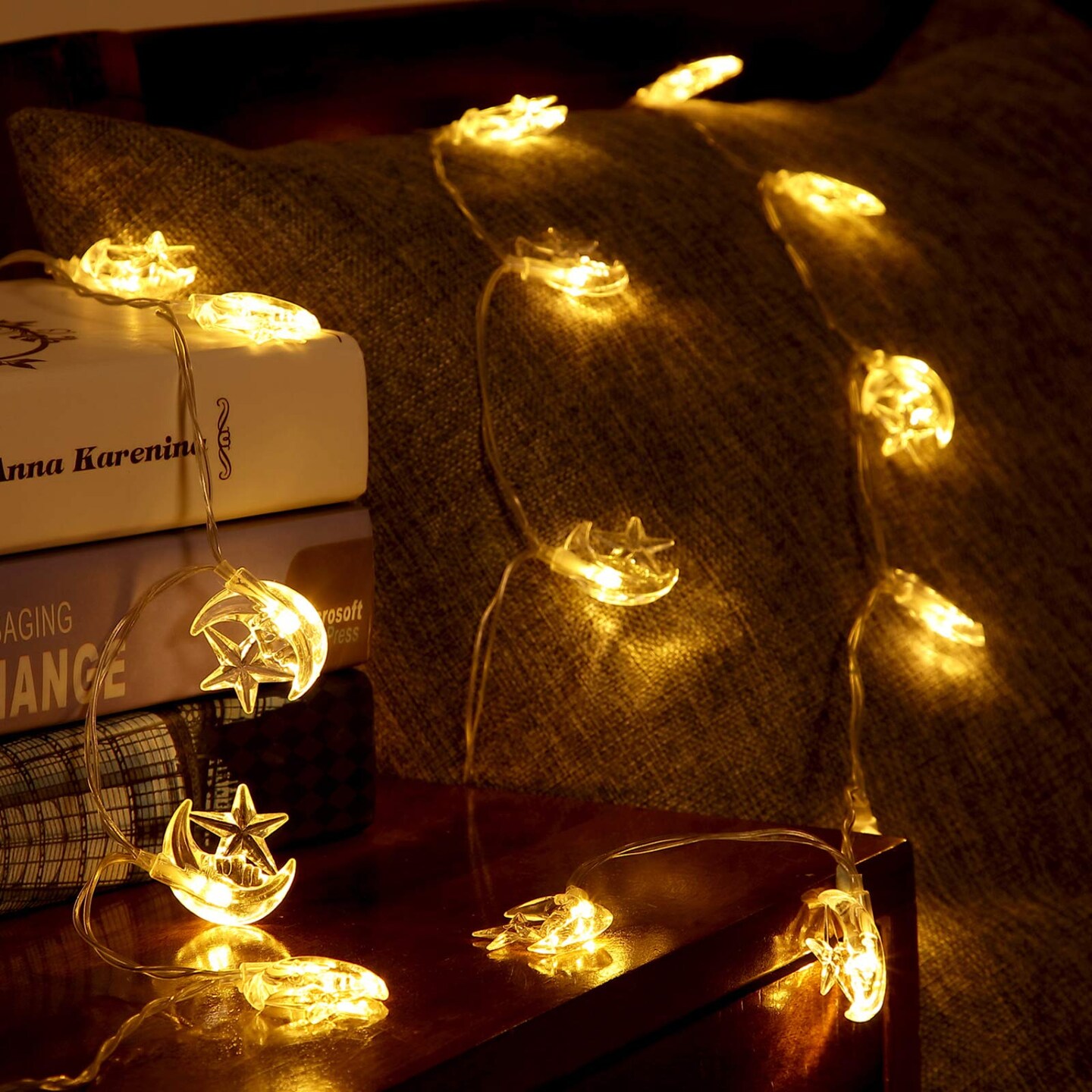 Moon Star String Lights for Eid Decorations, 6.6 ft 20 LEDs Ramadan Festival Lights, Fairy String Lights Battery Operated Indoor Outdoor, Warm White