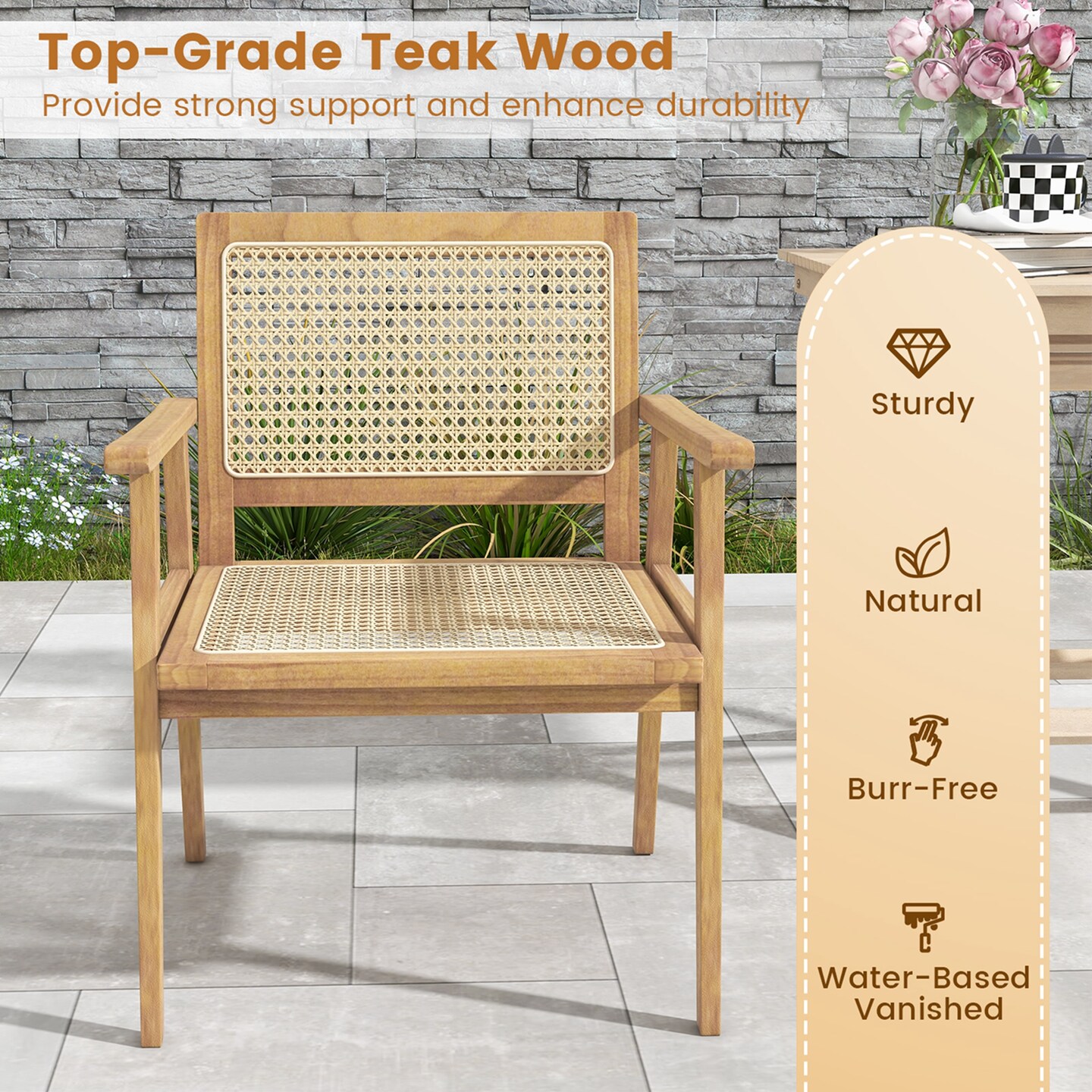 Costway 1/2 PCS Wood Chair Indonesia Teak Wood Armchair with Natural Rattan Seat &#x26; Back Patio Chair for Porch
