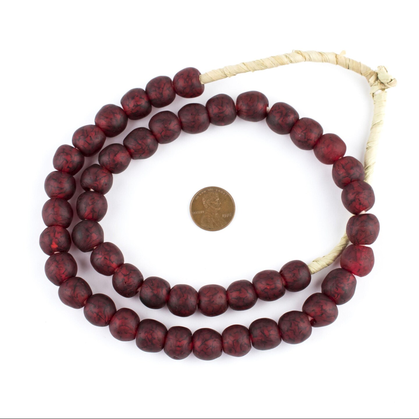 TheBeadChest African Recycled Glass Beads, Strand, For Jewelry Making, Home Decor, Handmade in Ghana (14mm, Red Black Swirl)