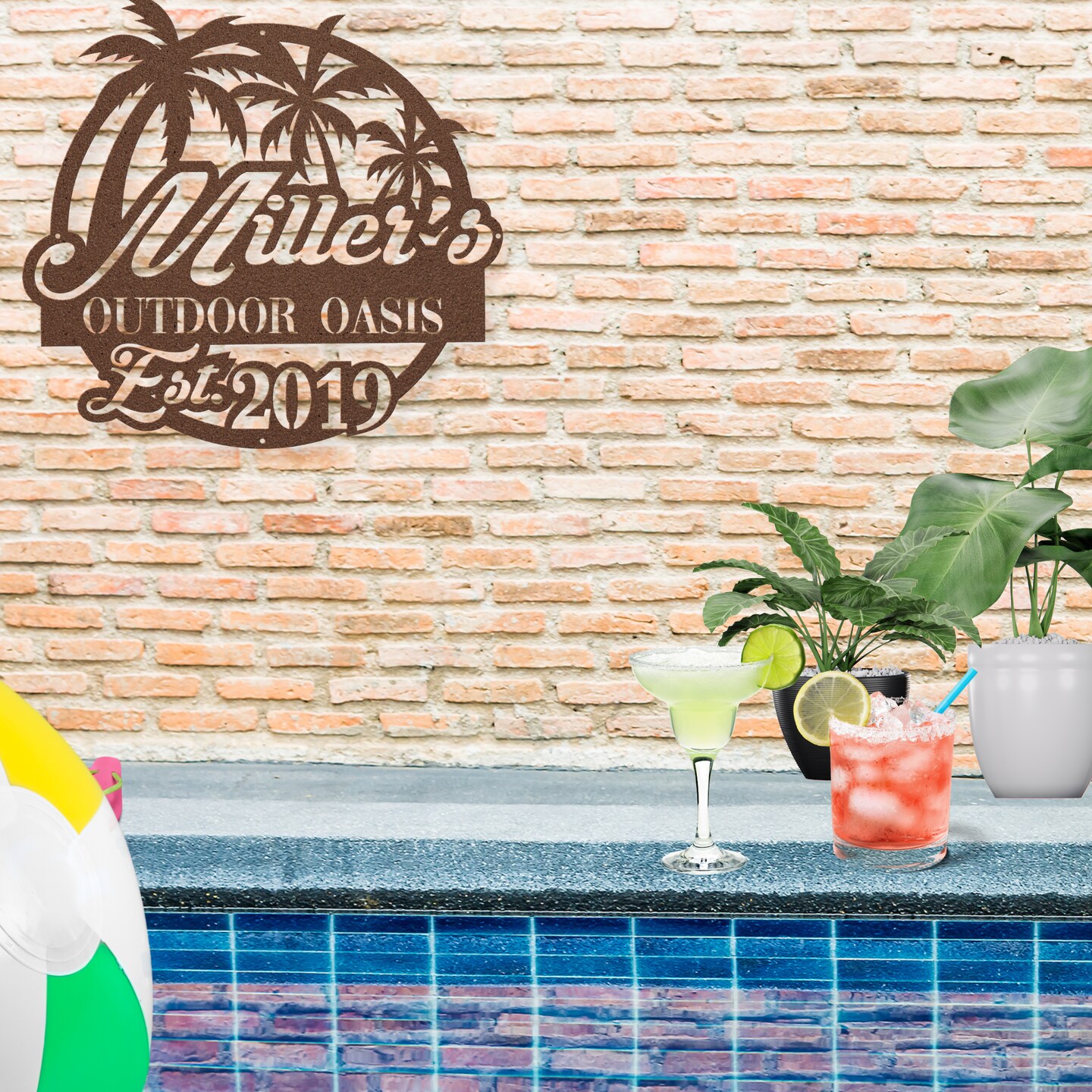 Tropical Beach House Metal Sign, Personalized Palm Tree Family Poolside  Patio Oasis Hanging Decor for House Warming Gift | MakerPlace by Michaels, image size:1080x1080