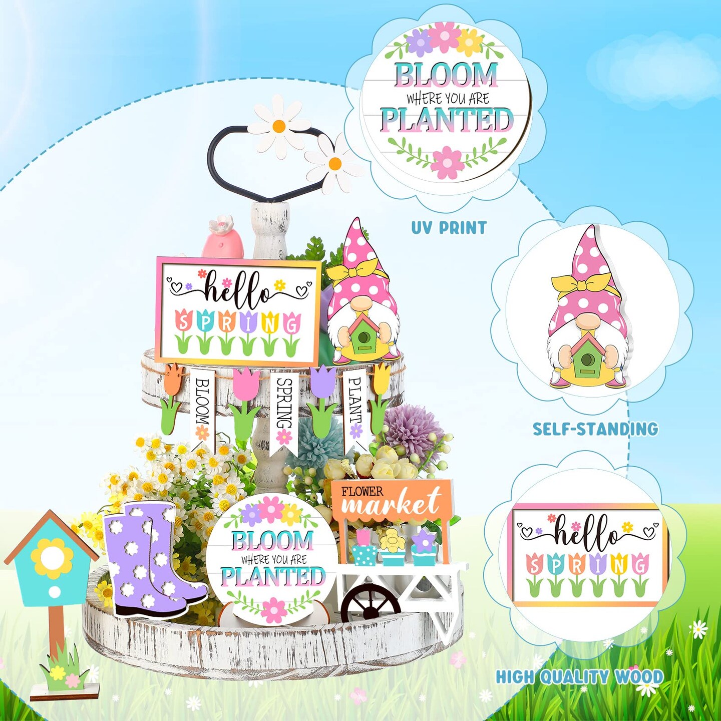 12 Pieces Spring Tiered Tray Decor Wooden Gnomes Flowers Plants Tabletop Trays Signs Spring Summer Fall Tiered Tray Items for Home Farmhouse Rustic Kitchen Decorations (Spring)