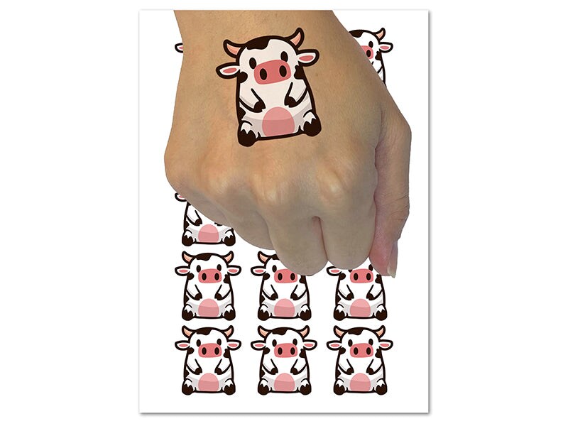 Cute Spotted Cow Sitting Temporary Tattoo Water Resistant Fake Body Art Set Collection (1 Sheet)