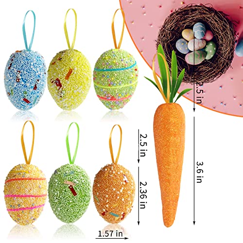 Easter Egg Ornaments and Carrot Hanging Ornaments 12 Pieces Colorful 6 Pieces Premium Foam Glitter Artificial Carrots Tree Decorations Home Party DIY Crafts