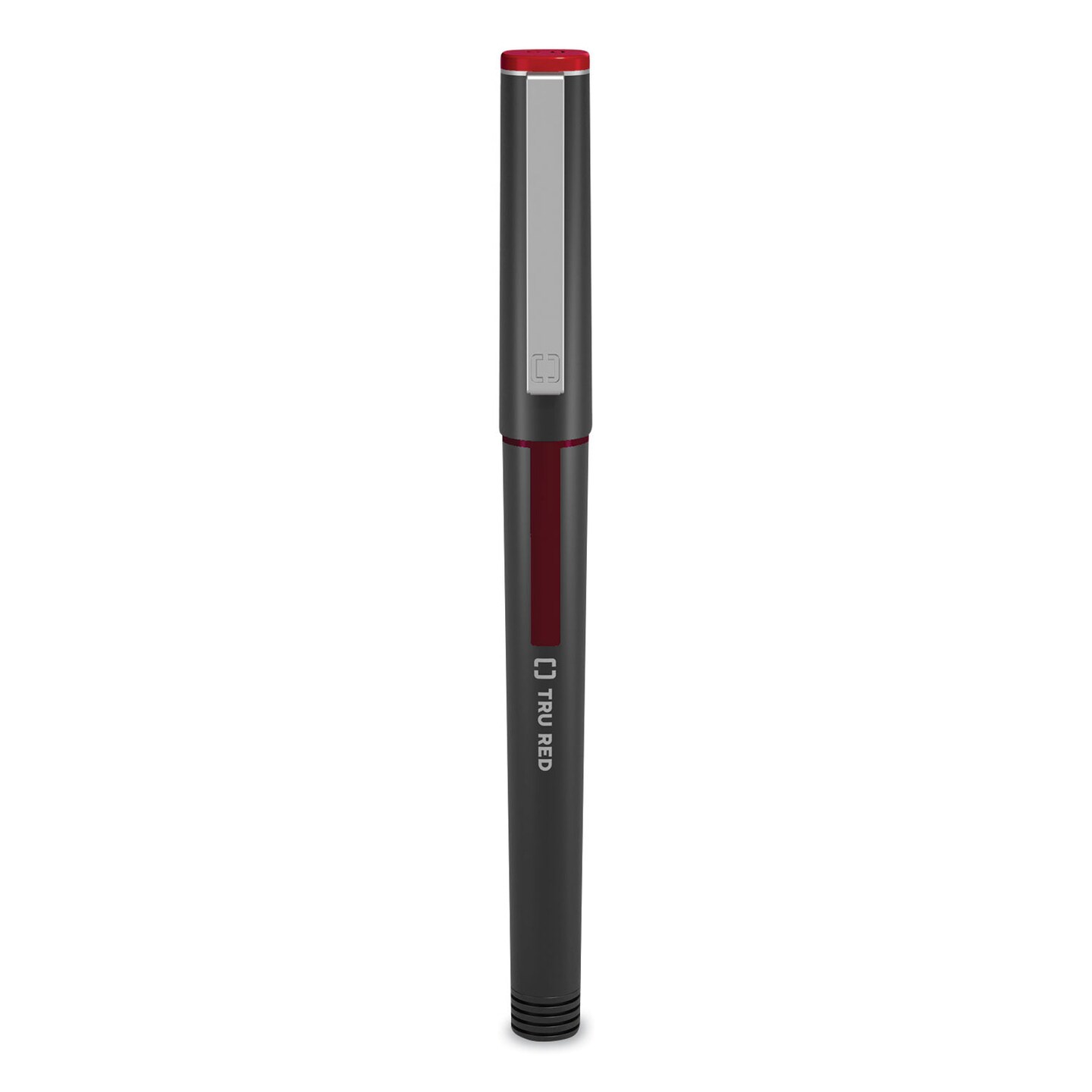 TRU RED Roller Ball Pen, Stick, Fine 0.5 mm, Red Ink, Black Barrel, Dozen