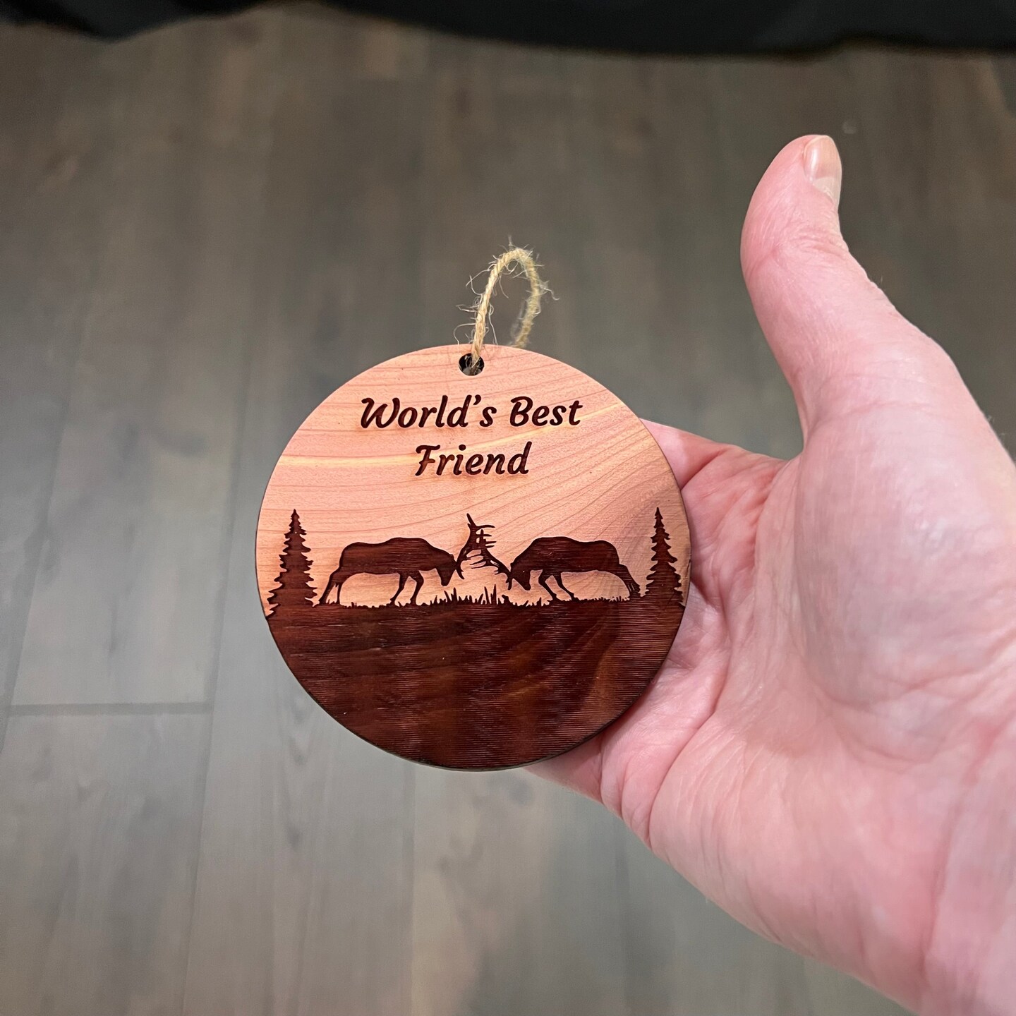 Worlds Best Friend Elk Battle - Cedar Ornament Worlds Best Friend Elk Battle - Cedar Ornament