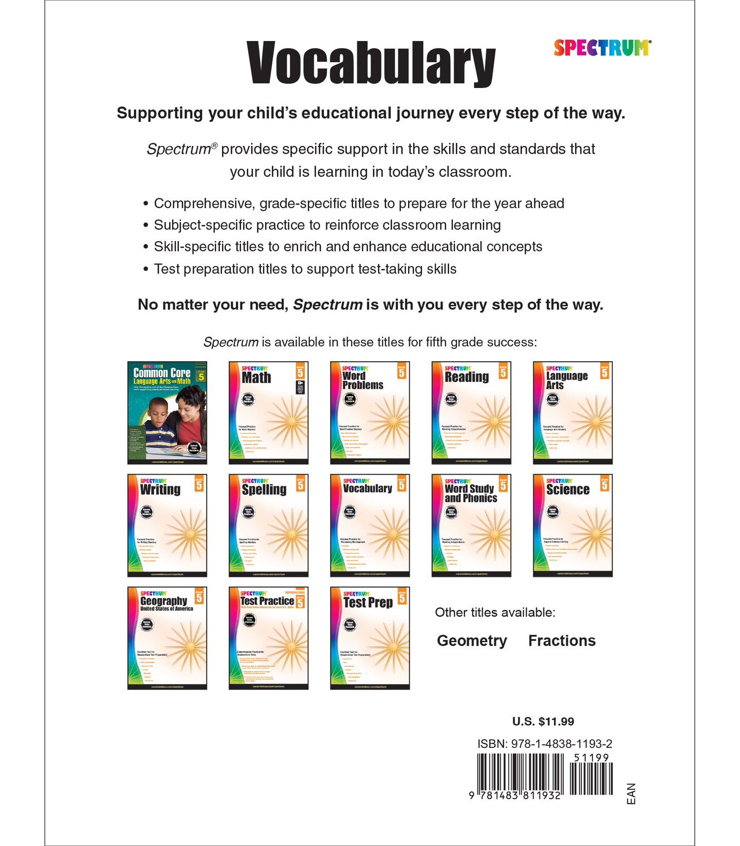 Spectrum 5th Grade Vocabulary Workbooks, Ages 10 to 11, Grade 5 Vocabulary, Reading Comprehension Context Clues, Vocabulary Analogies, Multiple-Meaning Words, Roots and Affixes - 160 Pages