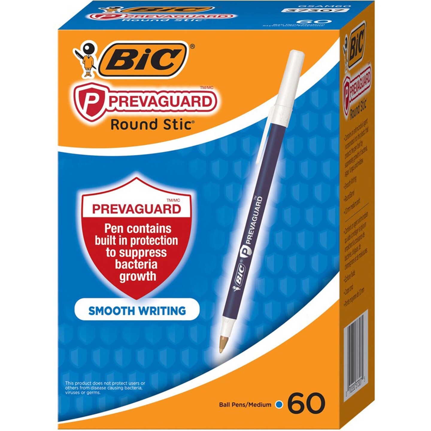 PrevaGuard Round Stic Pen, Stick, Medium 1 mm, Blue Ink, Translucent Blue Barrel, 60/Pack