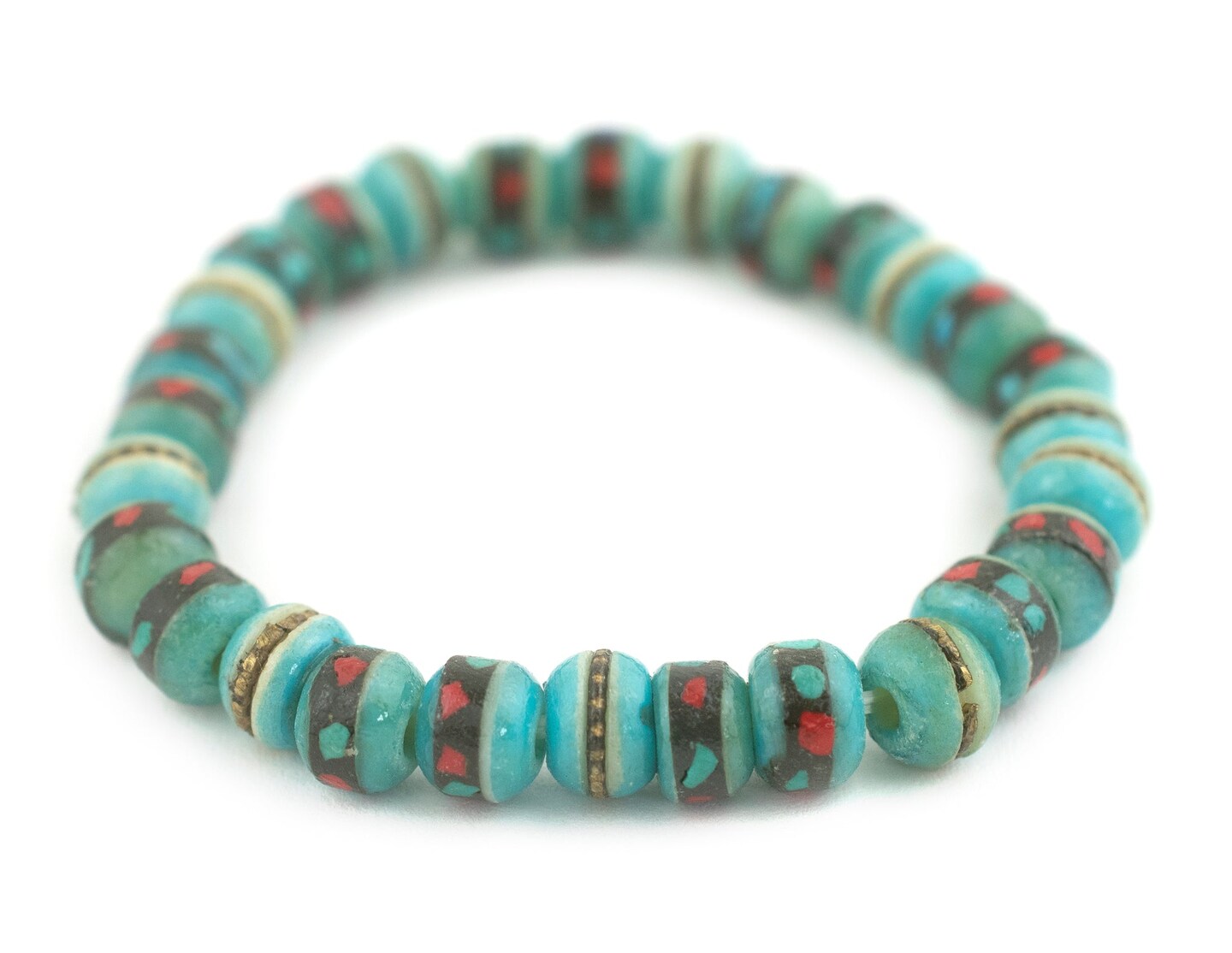 TheBeadChest Mala Stretch Bracelet, Vintage-Style Turquoise - Stackable Nepal Bone Inlaid with Turquoise &#x26; Coral Colors, 100% Authentic and Genuine