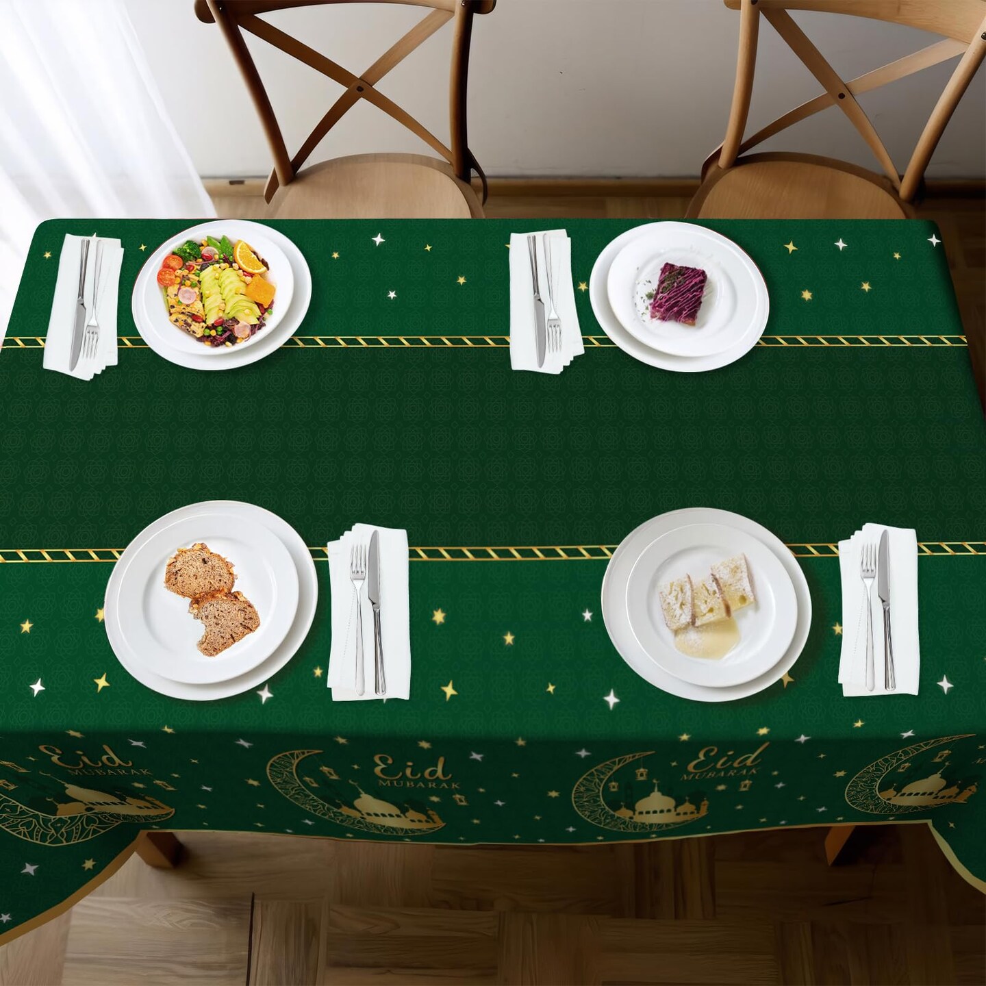 3 Pack Ramadan Mubarak Tablecloths for Eid Mubarak Decorations, 54&#x22; x 108&#x22; Plastic Disposable Happiness Ramadan Eid Al-fitr Party Table Covers for Rectangle Tables Ramadan Party Favors(Green)
