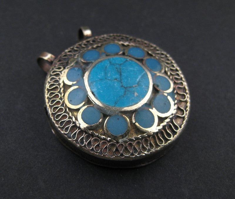 TheBeadChest Turquoise Blue Inlaid Afghani Silver Pendant Afghanistan White Metal Large Hole