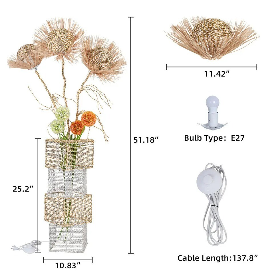 Dimmable Handmade Flower Led Floor Lamp Rattan Ground Vase 3 Heads Standing Night Light