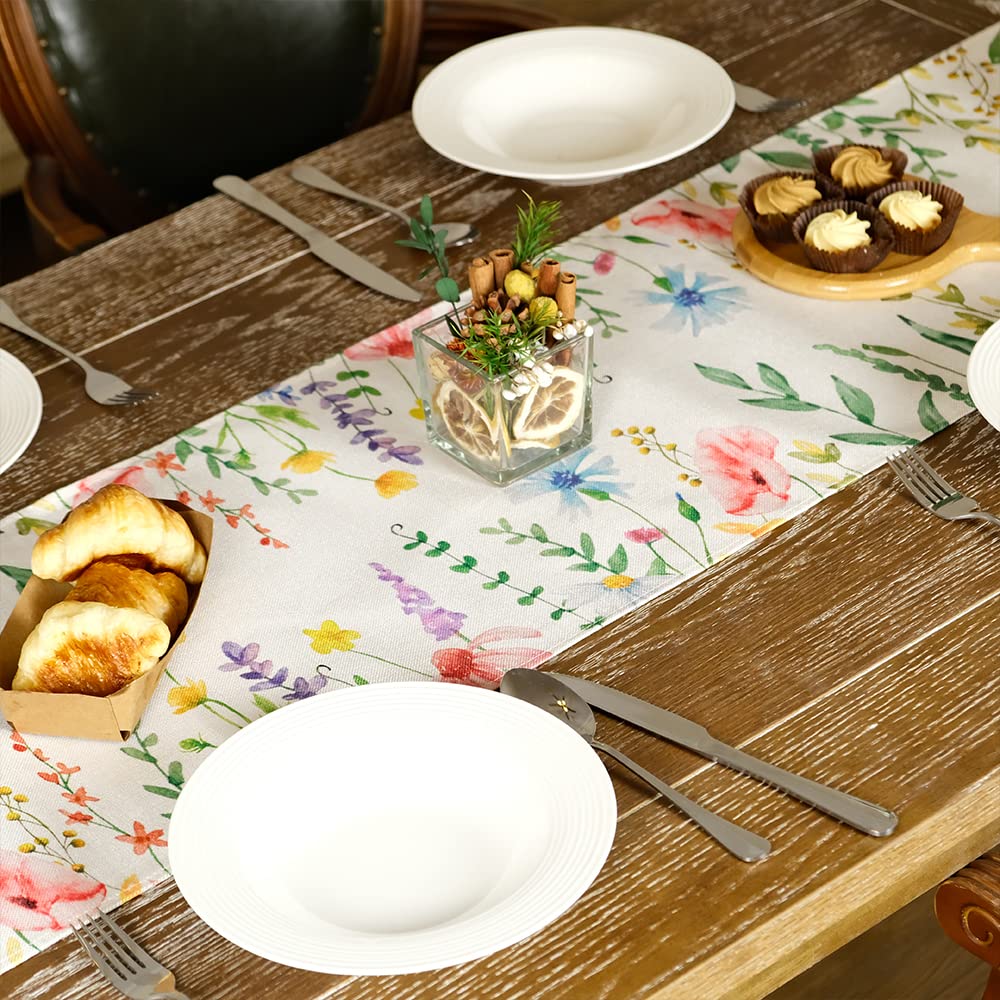 Spring Table Runner 13x72 Inch Watercolor Wild Flower Farmhouse Rustic Holiday Kitchen Dining Table Decoration for Indoor Outdoor Dinner Party Décor