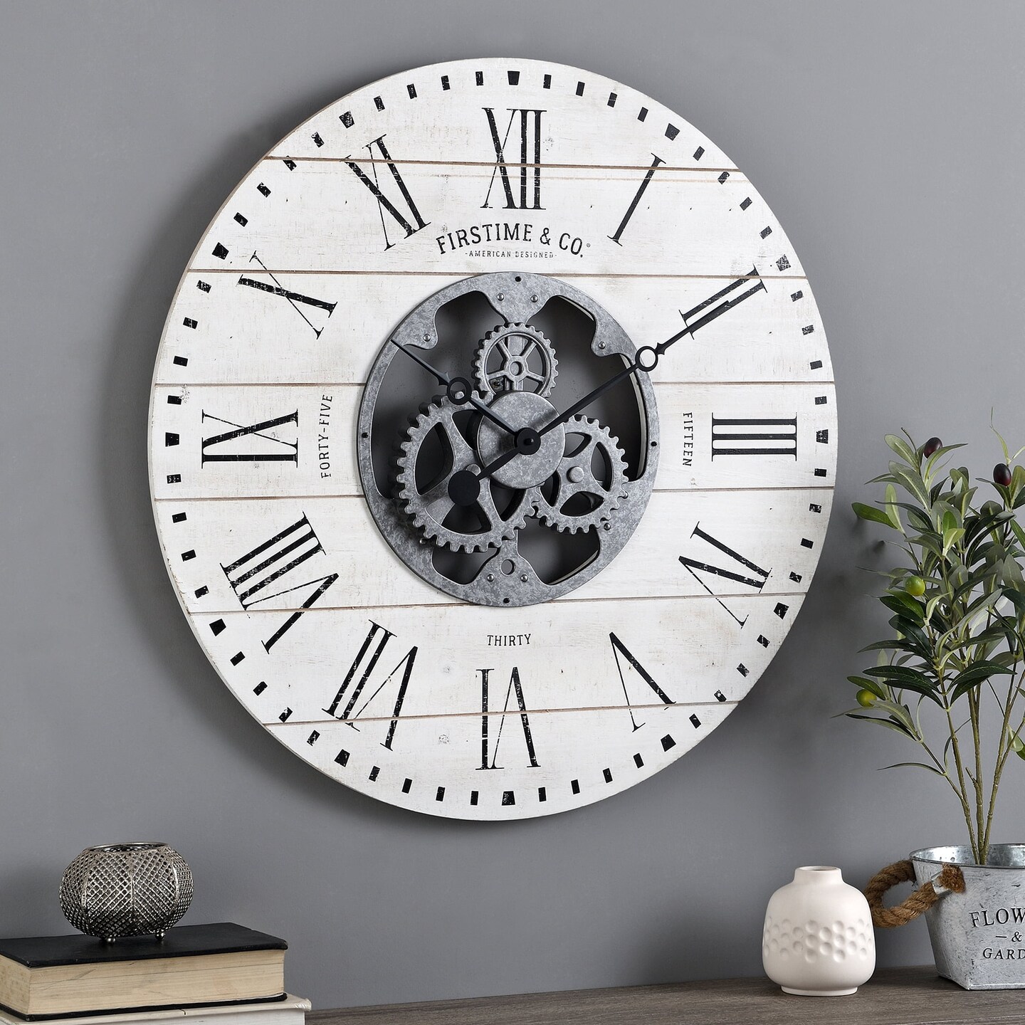 FirsTime &#x26; Co. White Shiplap Gears Wall Clock, Farmhouse, Analog, 27 x 2 x 27 in