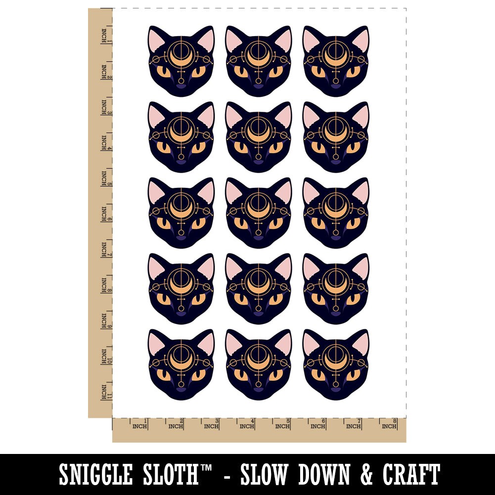 Witch Cat Head with Moon on Forehead Temporary Tattoo Water Resistant Fake Body Art Set Collection (1 Sheet)