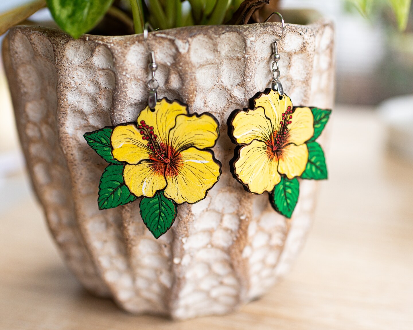 Hibiscus flower hand painted earrings. Spring and summer tropical