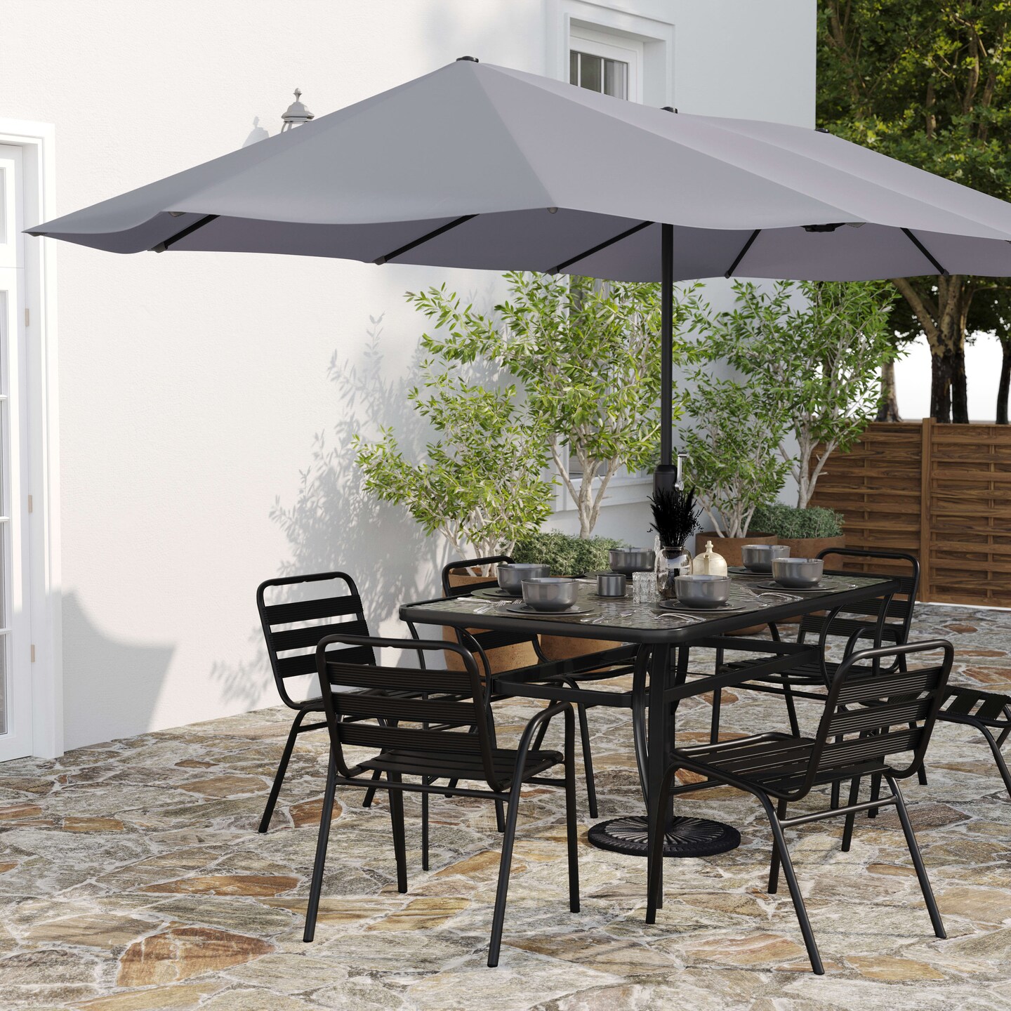 Merrick Lane Evanston 15 FT Triple Head Umbrella for Patio Use with Crank Handle, and Easy Lift Function