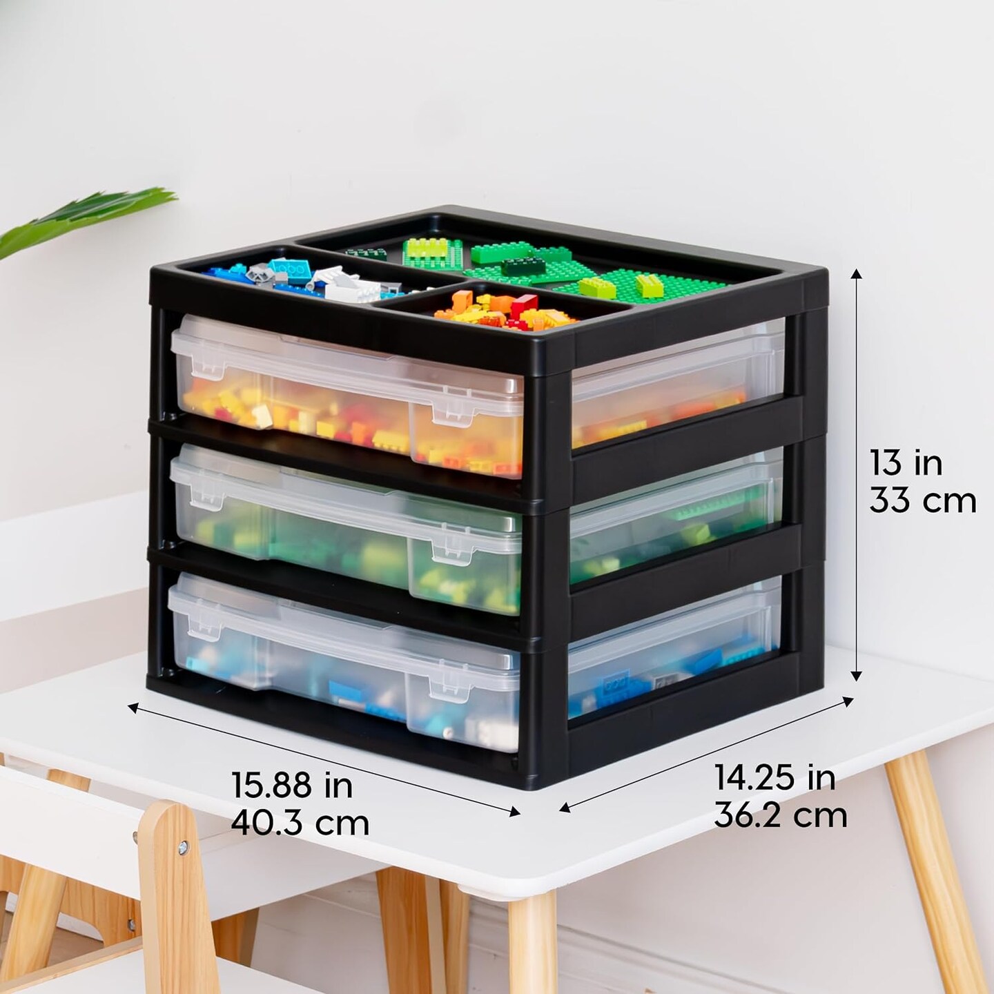 Fits 12" x 12" Paper, 3-Tier Scrapbook Storage Unit with Organizer Top, for Building Blocks Lego Papers Tools Office Art and Craft Supplies, Desktop Organizer, Built in Handle, Black/Clear