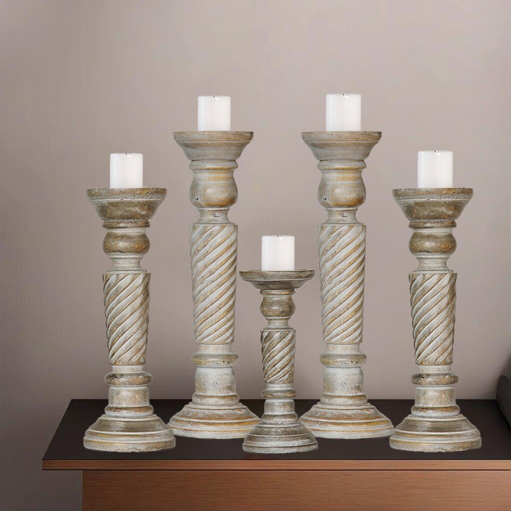 Handmade Gray Wash Mango Wood Set Of 5 Eco-Friendly Pillar Candle Holders