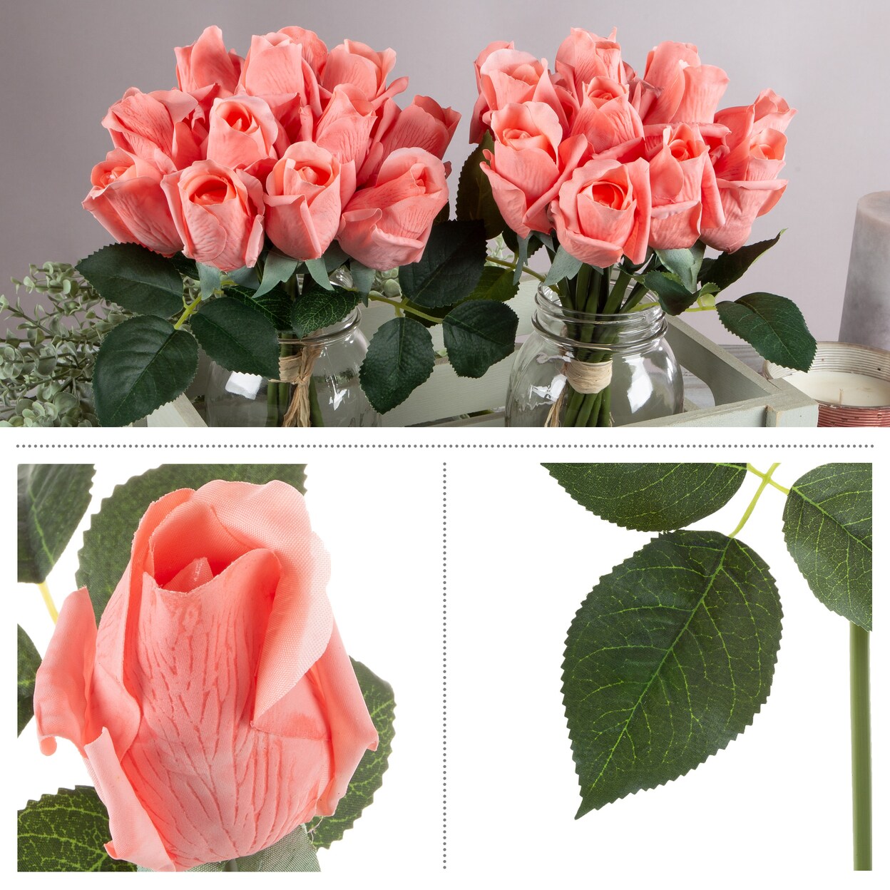24 Pack Coral Faux Roses Real Touch Wire Stems Durable Diy Flower Arrangements
