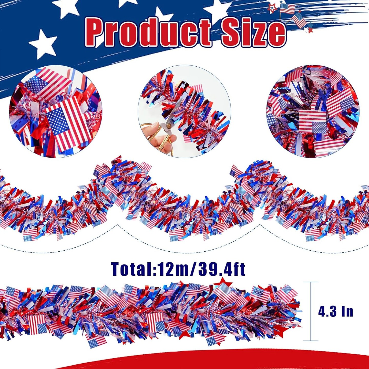 39.4 Ft 4th of July Decorations Patriotic Tinsel Garland American Flag Tinsel Garland