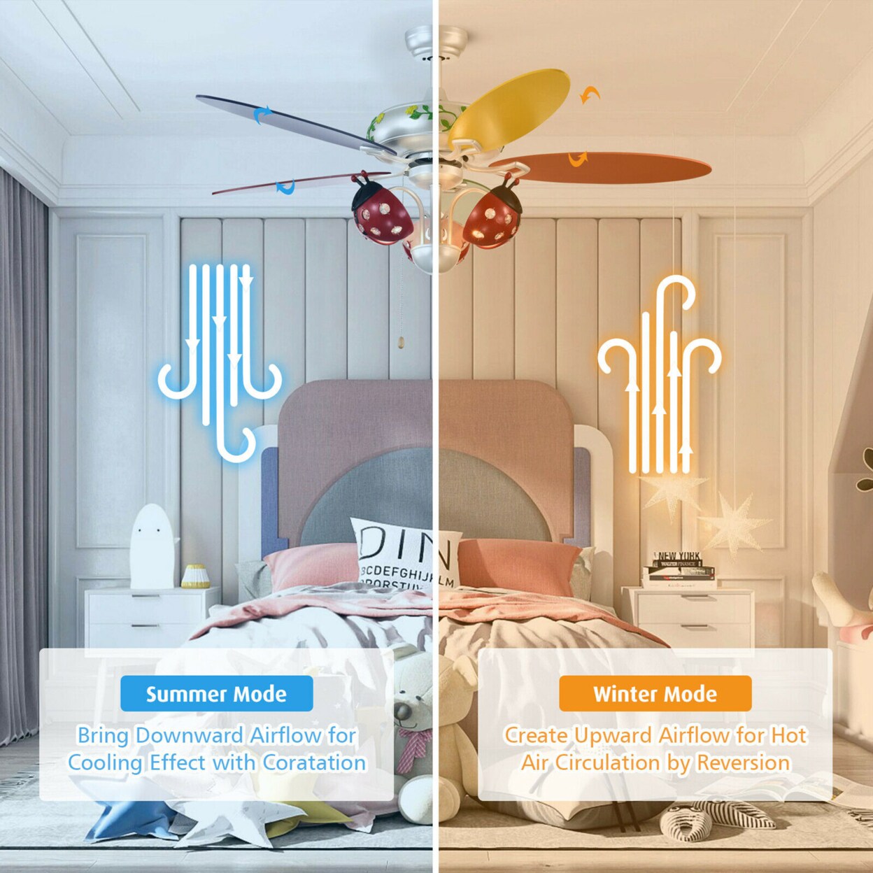 52 Ceiling Fan With Light Kids Fan Light W/Pull Chain Control Beetle Multicolor