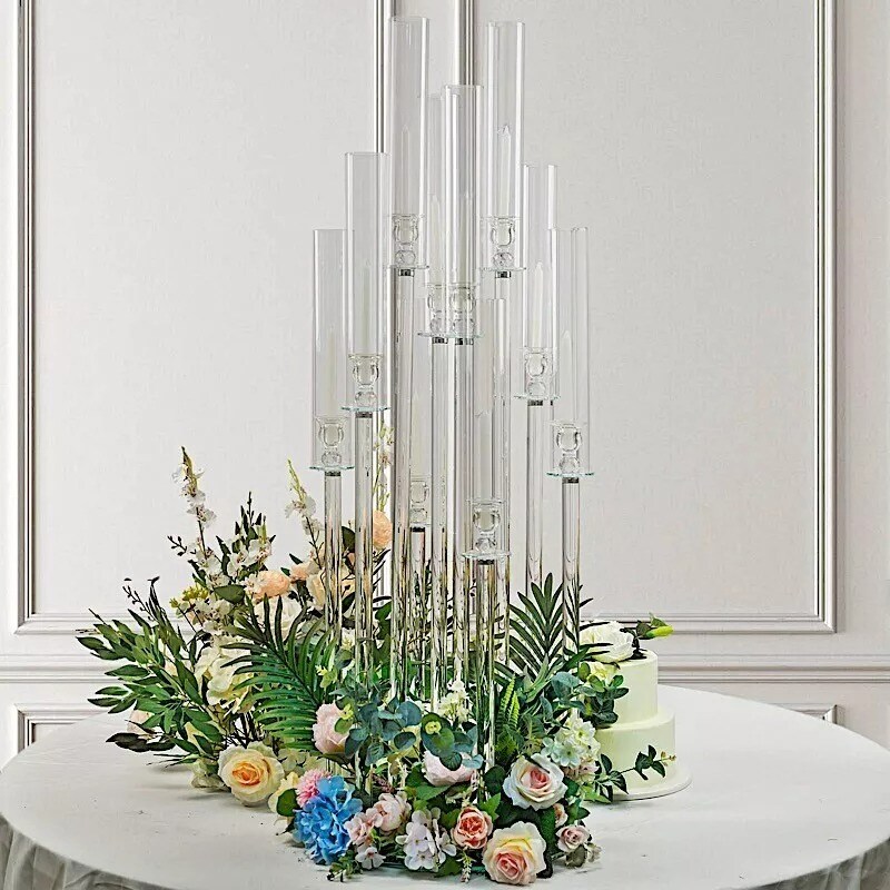 47&#x22; CLEAR 10 Arm Crystal Glass Candelabra VOTIVE CANDLE HOLDER