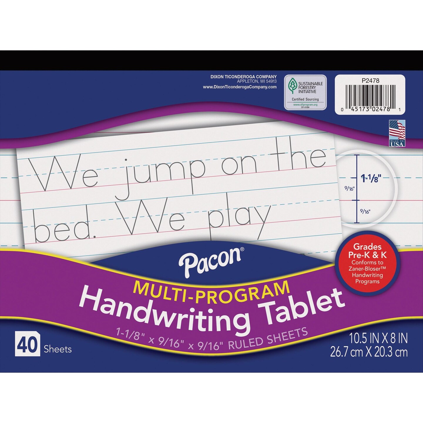 Multi-Program Handwriting Tablet, Zaner-Bloser, 1-1/8&#x22; x 9/16&#x22; x 9/16&#x22; Ruled Long, 10-1/2&#x22; x 8&#x22;, 40 Sheets, Pack of 12