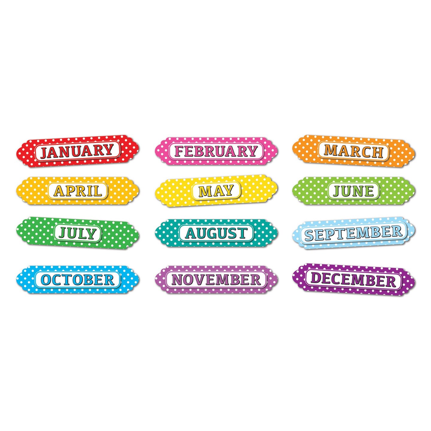 Magnetic Die-Cut Timesavers &#x26; Labels, Months of the Year, White Polka Dots On Assorted Colors, 12 Per Pack, 6 Packs
