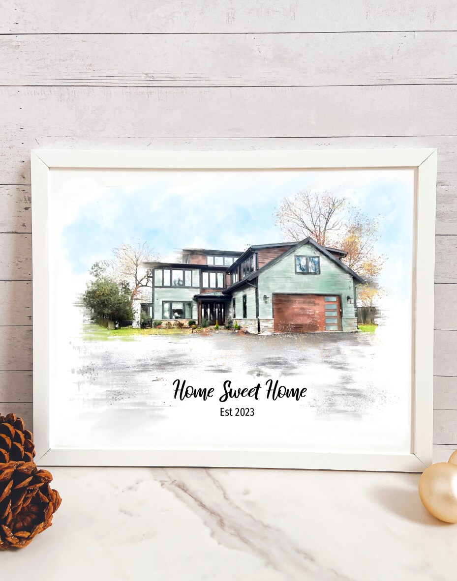 Custom house portrait, Christmas gift, hand painted home portrait, paper anniversary, realtor order gifts, watercolor house portrait