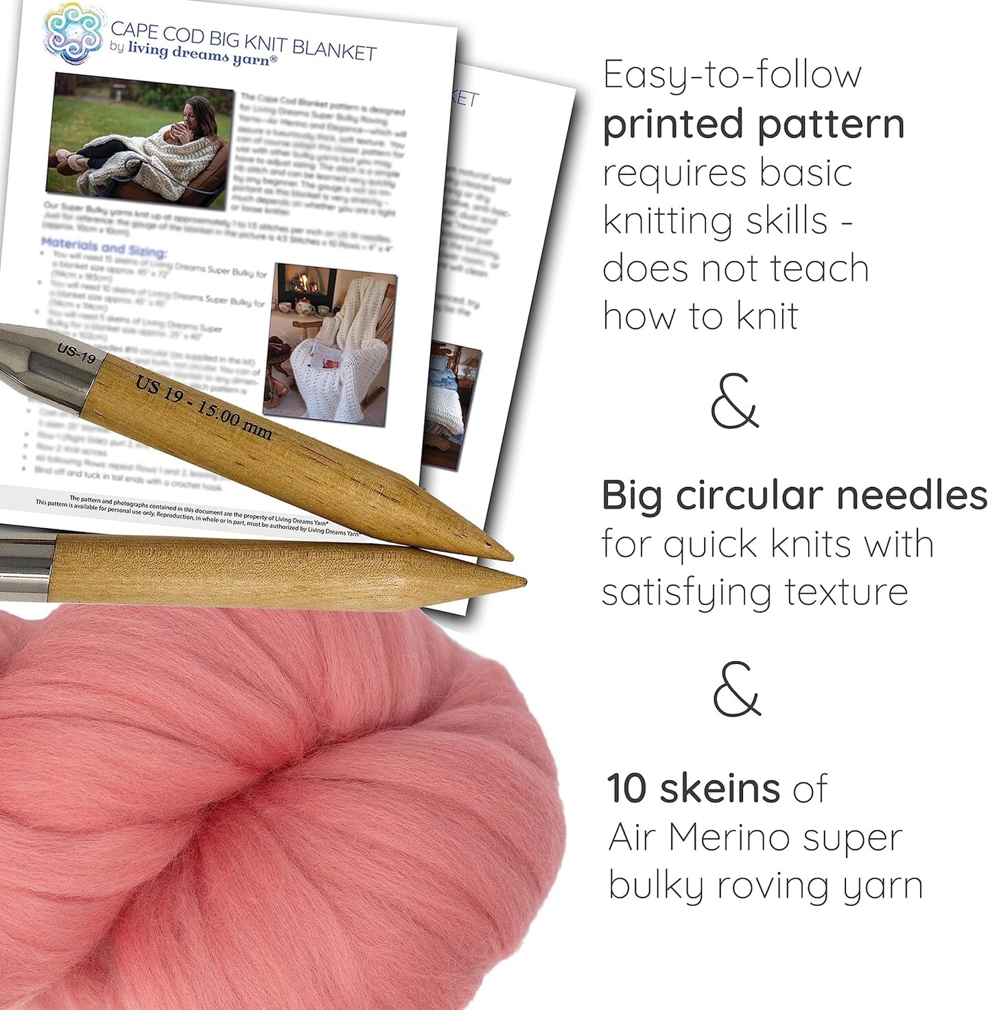 DIY Merino Wool Blanket Knitting Kit: Soft and Thick #7 Weight Jumbo Yarn, Knitting Needles and Pattern. Soft, Cozy, Great for Gifts