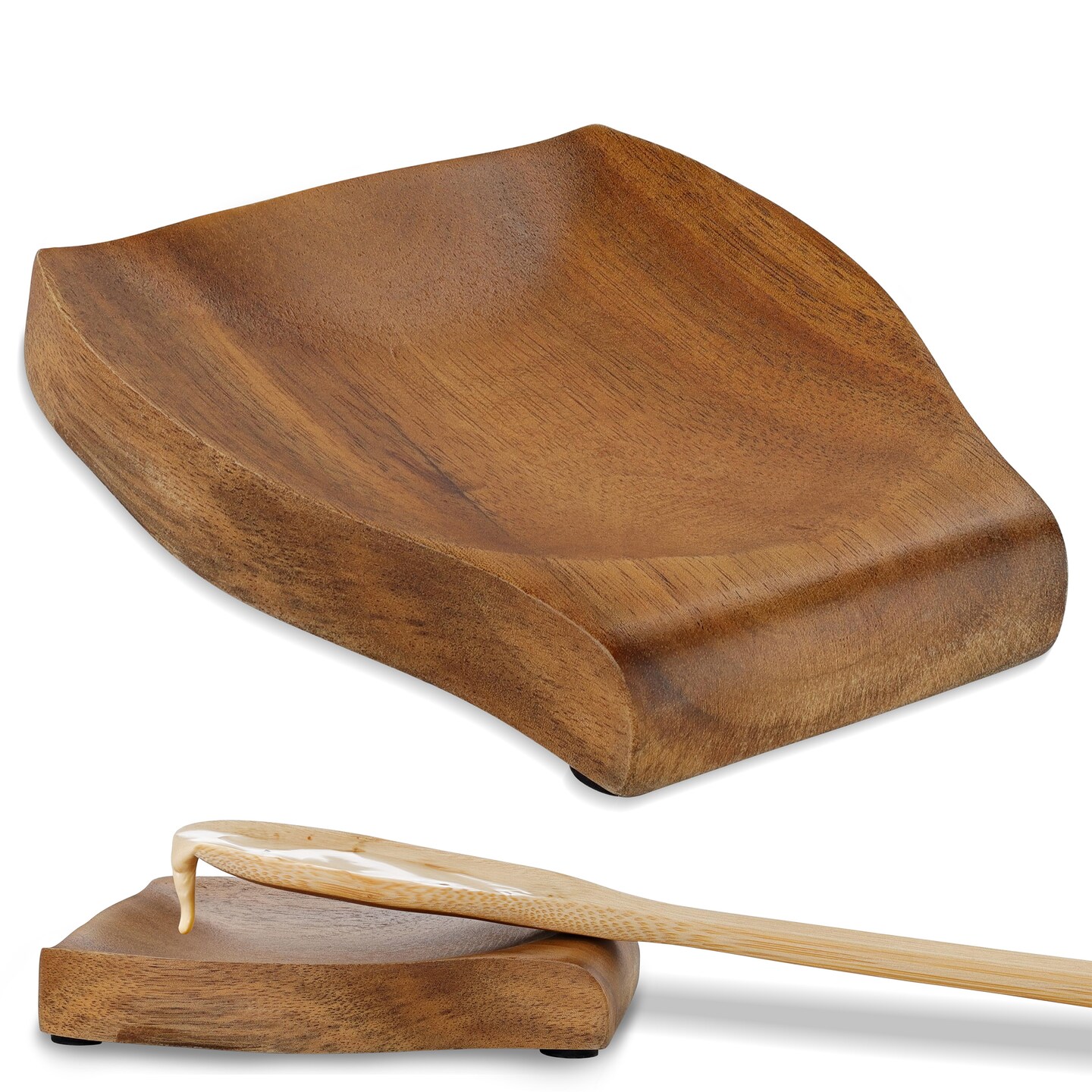 Potted Pans Wooden Spoon Rest - Acacia Wood Stove Top Spoon Holder with Grips